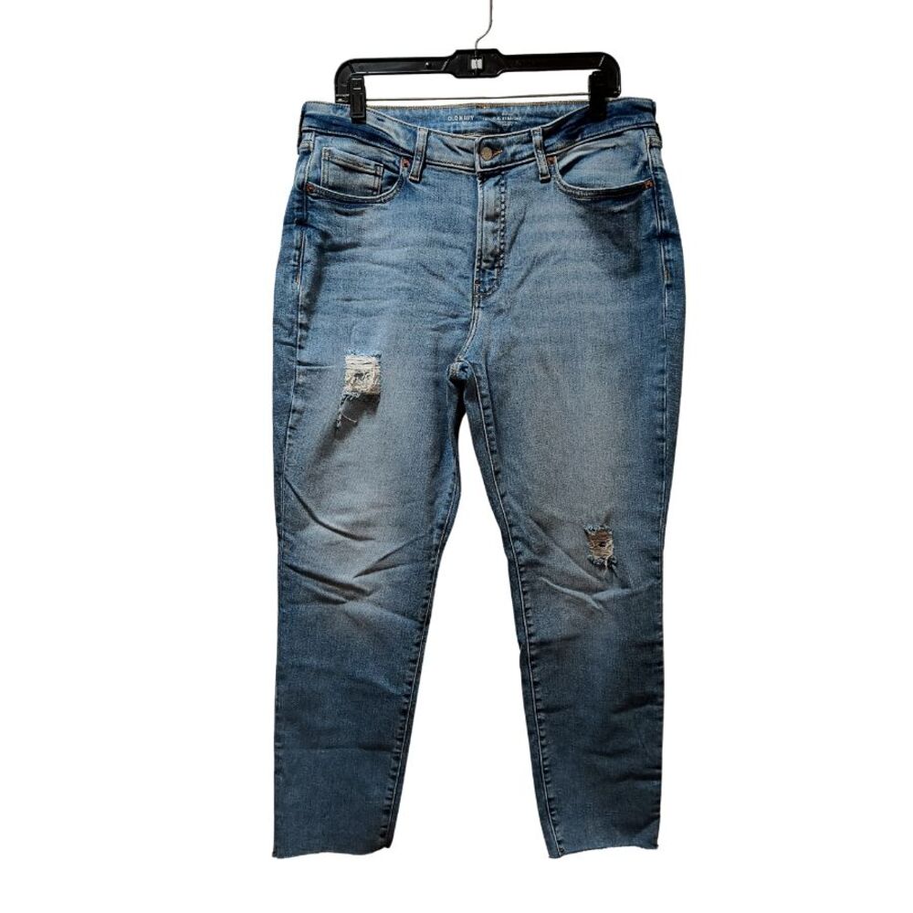 Old Navy High Rise O.G. Straight Ankle Jeans Women 14 Distressed Raw Hem 33x27